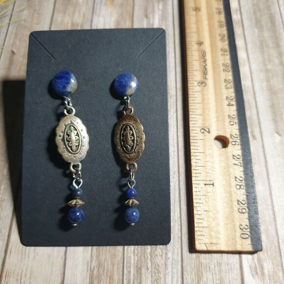 Vintage Gemstone Drop Earrings Gold Tone Sodalite Stone Post Backings Dangle - Picture 2 of 4